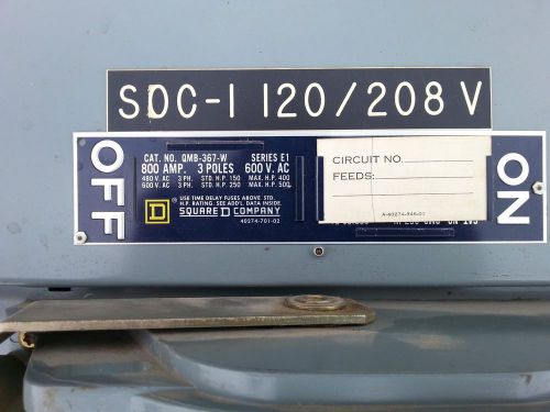 SQUARE D QMB 367W SERIES E1 800 AMP 3 POLE 600V with fuses