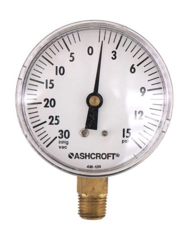 Ashcroft 2-1/2&#034; 0-30&#034;HgVAC/0-15PSI 1/4&#034;NPT Brass Lower Mount Pressure Gauge 2.5&#034;