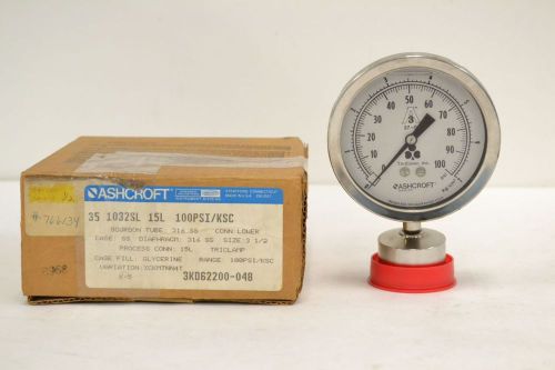 New ashcroft 35 1032sl 15l glycerine fill pressure 100psi 3-1/2 in gauge b300981 for sale