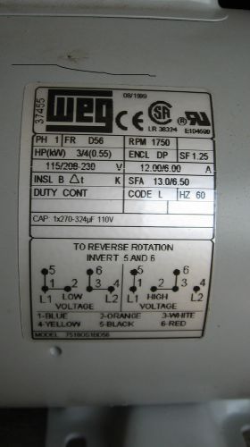 3/4 HP 1750 RPM  110V A/C WEG electric motor