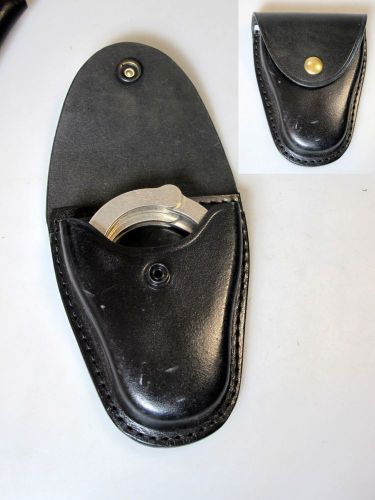 B70 bs pb brass snap g&amp;g police duty teardrop plain black leather handcuff case for sale