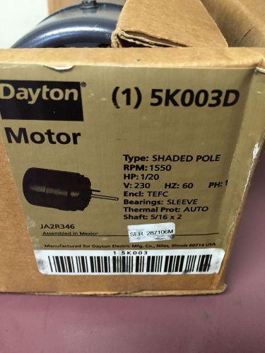 Dayton 5K003D Shaded Pole Motor 1/20 HP 230v AC 1550 RPM 5/16 Shaft