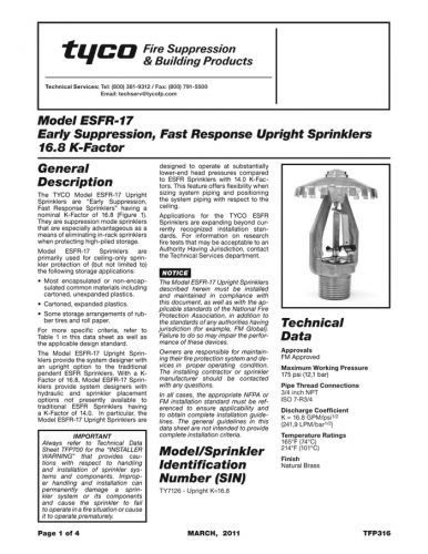 Tyco  esfr-17 early suppression,fast responce upright sprinklers 16.8 k-factor for sale