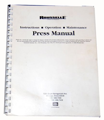 Rousselle Punch Press Isntructions Maintenance Parts Manual 1991