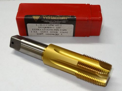 VERMONT 1-11-1/2&#034; NPSC 6 Flutes TiN Coated Extra Length Pipe Tap VERTANIUM
