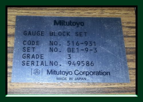 Mitutoyo 0.625&#034; - 2&#034; gage block set - no. 516-931 - set no. be1-9-3 - grade 3 for sale