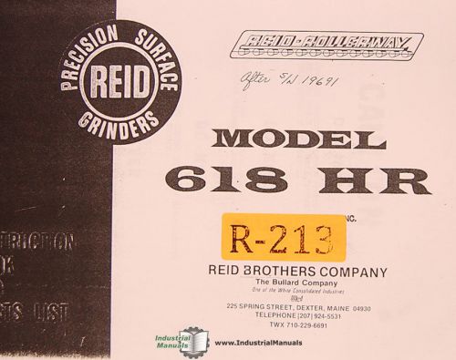 Reid 618 HP, Surface Grinder, Instructions and Parts List Manual 1978