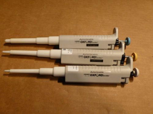 Set of 3 Oxford BenchMate Autoclavable Pipettes 0.5-10µL 10-100µL and 100-1000µL