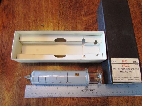 Vintage nib  b-d yale 50cc solid glass syringe - becton dickinson hypodermic for sale