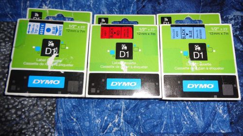 Lot of 3 Genuine DYMO D1 Label Cassettes Black on Yellow/Red/Blue 1/2&#034; Sealed