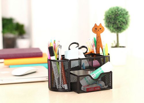 Black 9 Compartments Metal Mesh Desk Organizer Desktop Pen Holder For Office
