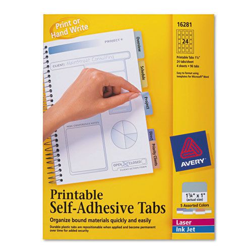 Printable Repositionable Plastic Tabs, 1 1/4 Inch, Assorted, 96/Pack
