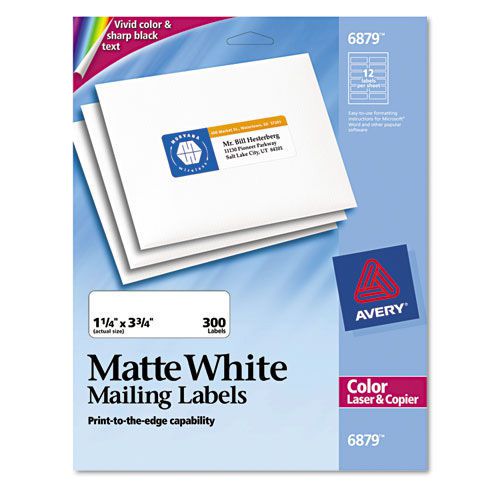 Avery white laser labels for color printing, 1 1/4&#034;x3 3/4&#034;, 300 per pack for sale