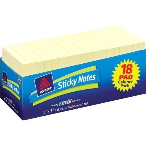 Avery Regular Sticky Note Pad - Removable - 3&#034; X 3&#034; - Yellow - 18 / (ave22726)
