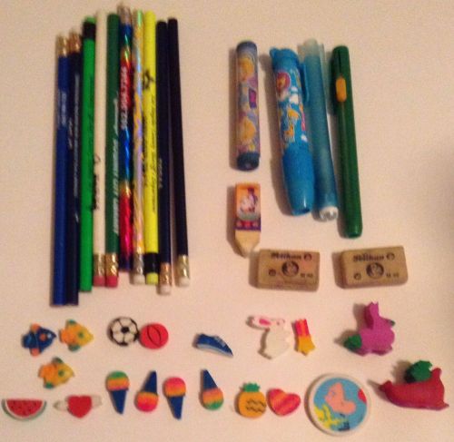 16 Used Pencils Lot 24 Erasers Mickey Mouse School Supplies Office Elementary