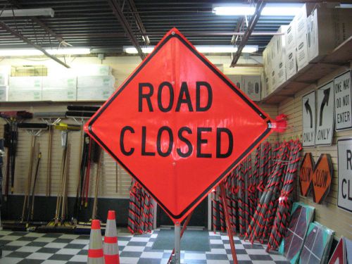 Road Closed Fluorescent Vinyl With Ribs Road Sign 48&#034; X 48&#034;