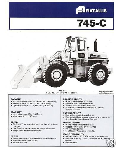 Fiat Allis 745-C loader specification sheet literature