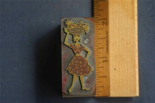 Letterpress Printing Block Lady with Tropical Fruit Basket on Head    (004)