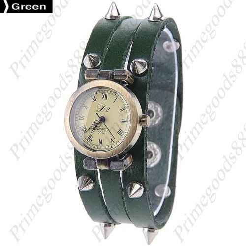 Metal Rivets PU Leather Quartz Wrist Lady Ladies Wristwatch Women&#039;s Green