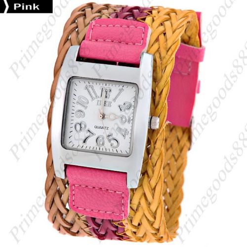 Wide Square Twin PU Leather Quartz Wrist Lady Ladies Wristwatch Women&#039;s Pink