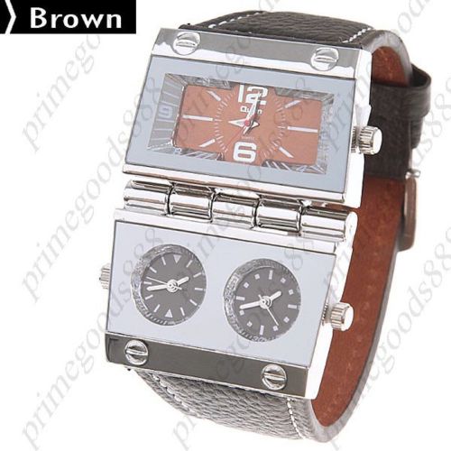 Triple Movts Analog Quartz Wrist PU Leather Band Free Shipping Brown Face Men&#039;s