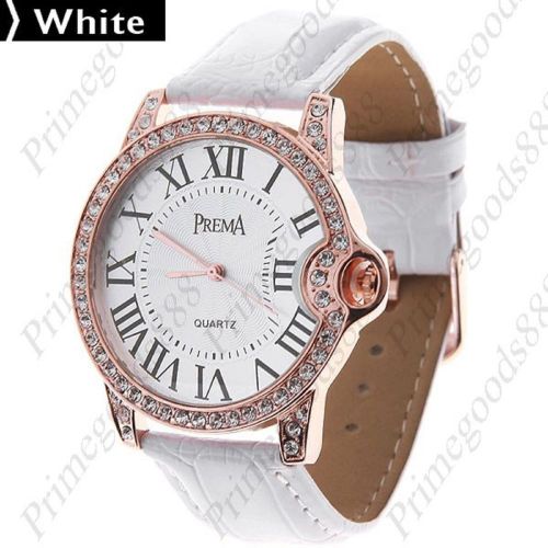 Synthetic Leather Rhinestones Wrist Lady Ladies Quartz Wristwatch Women&#039;s White