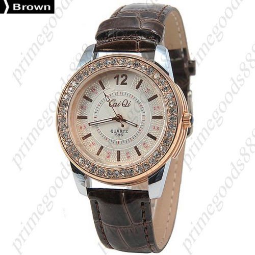 Rhinestones PU Leather Analog Quartz Wrist Lady Ladies Wristwatch Women&#039;s Brown