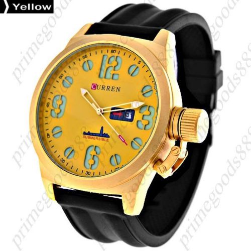 Date Window Soft Rubber Band Men&#039;s Wrist Quartz Wristwatch Free Shipping Yellow