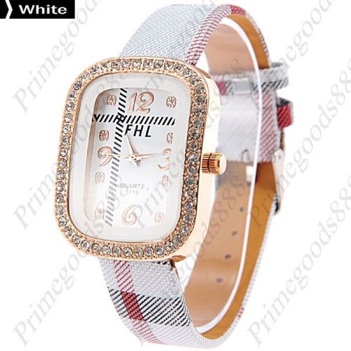 Checkered Rhinestones PU Leather Lady Ladies Quartz Wristwatch Women&#039;s White