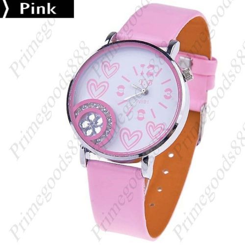Hearts Flower Rhinestone Synthetic Leather Quartz Wrist Wristwatch Women&#039;s Pink