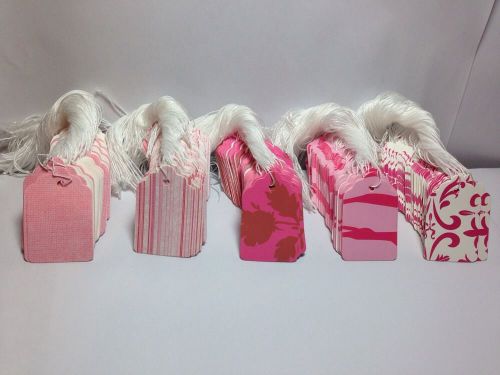 Lot 100 Pcs Pink Designer #5 Print Paper Price Tags Pre Strung 1-1/16&#034;x1-5/8&#034;