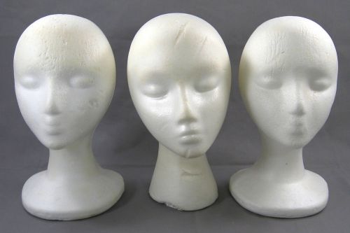 Lot Of 3 Styrofoam Female Head Maniquin Wig Hat Display