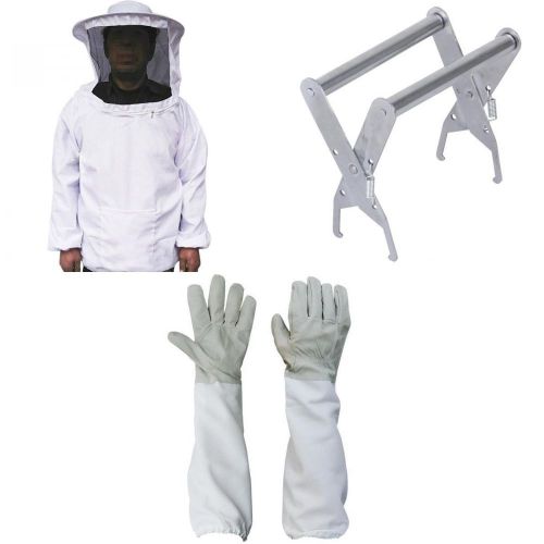 Smock Suit + Grey Gloves + Bee Hive Frame Holder Grabber Protect for Beekeeper