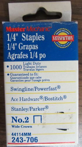 Master mechanic 1000 1/4&#034; light duty staples # 2 wide crown 44114mm for sale