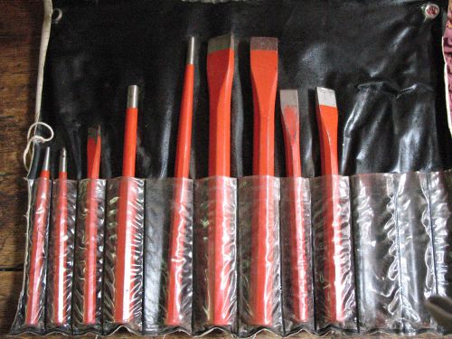 vintage solid metal punch &amp; chisel set in canvas rollup case