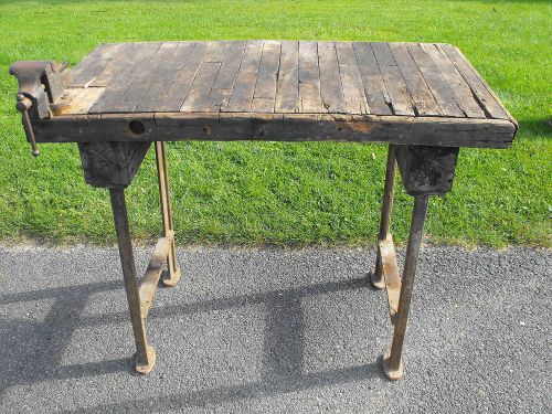 Vtg antique cast iron base wood top vise original industrial factory work bench for sale