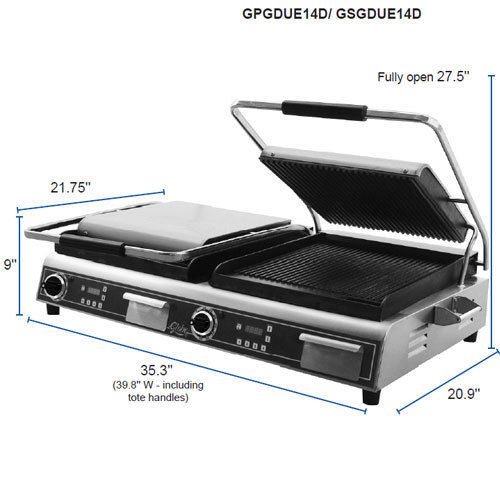 Globe GSGDUE14D Panini Grill, Electric, (2) 14&#034; X 14&#034; Fixed Smooth Lower Grills,