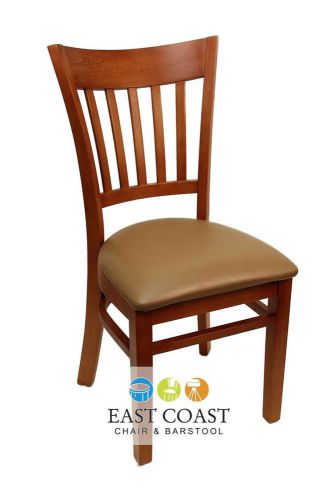 New gladiator cherry vertical back wooden restaurant chair with tan vinyl seat for sale