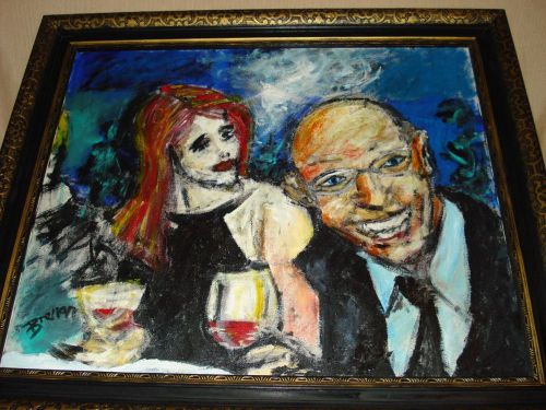 Original oil/canvas Painting Signed Brenan Friends Drinking Martinis in Pub