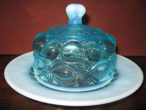 aqua blue Opalescent Glass eyewinker Pattern domed covered Butter dish round art