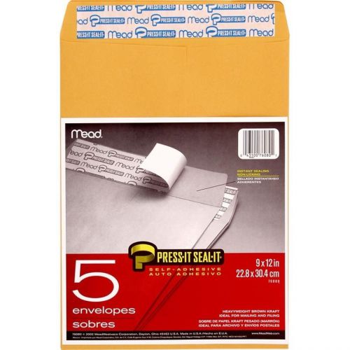 Mead Press And Seal Envelopes, 9&#034;X12&#034;, 5/Pack, Brown Craft [ID 148285]