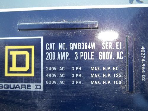 Square D QMB-364W 200 Amp 600 VAC QMB Fusible Branch Switch E1 Series QMB364W