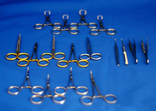 Tiemann dermatology skin instrument set - forceps, hooks, scissors, clamp - 17pc for sale