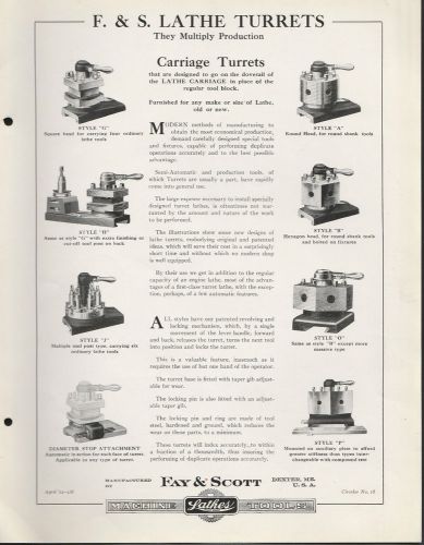 1 Page 1924 Circular No 18 Fay &amp; Scott Lathe Turrets Carriage Turret Assembly