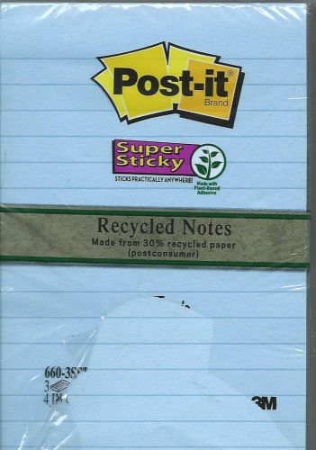 POST-IT SUPER STICKY RECYCLED LINED NOTES  4&#034; x 6&#034; 3- 90-SHEET PADS FREE SHIP
