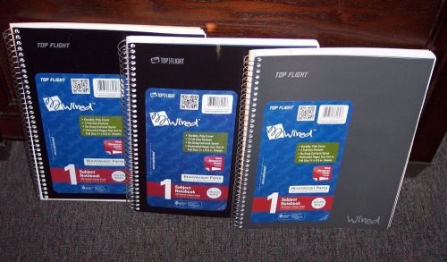 3 TOP FLIGHT WIRED 1 SUBJECT NO SNAG SPIRAL NOTEBOOKS W/ POCKETS BLACK &amp; GRAY