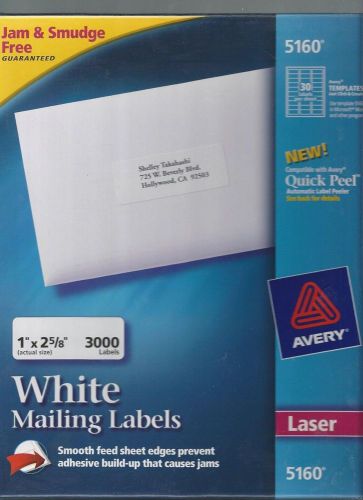 Avery 5160 Easy Peel Address Labels - White - 3000 Labels - Unopened Box