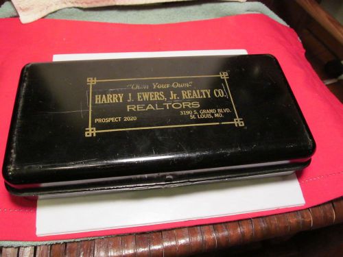 Vintage Harry J Ewers Jr. Real ty Co. St. Louis advertising metal cash lock box.