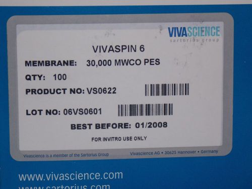 SARTORIUS VIVASPIN 6 MEMBRANE 30,000 MWCO PES, PRODUCT NO.VS0622, 53 PC.