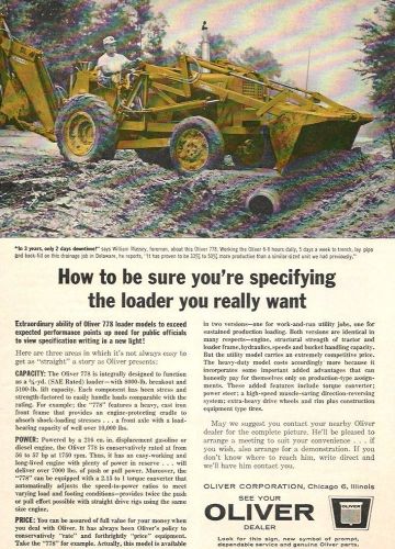 1961 Oliver Model 778 Loader/Backhoe ad, laying pipe in Delaware job
